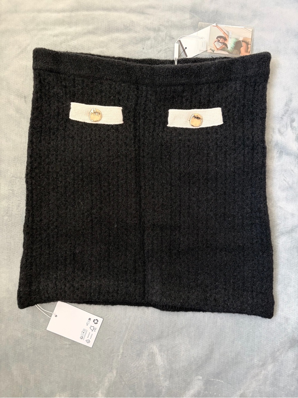 NWT Self-Portrait Contrast Pocket Alpaca-Blend Miniskirt Black Cream gold button
